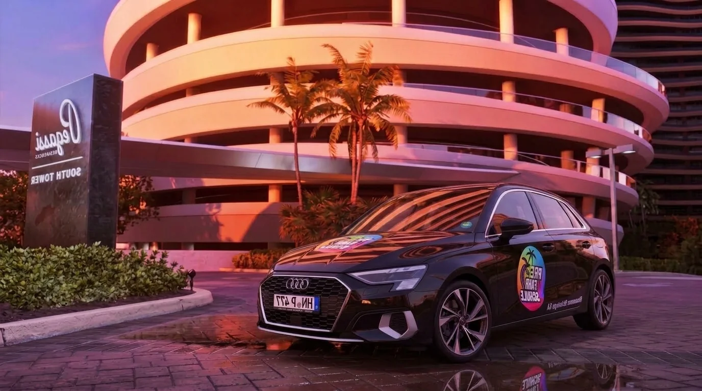 Audi A3 im PRE-Sunset-Design vor Skyline bei Sonnenuntergang